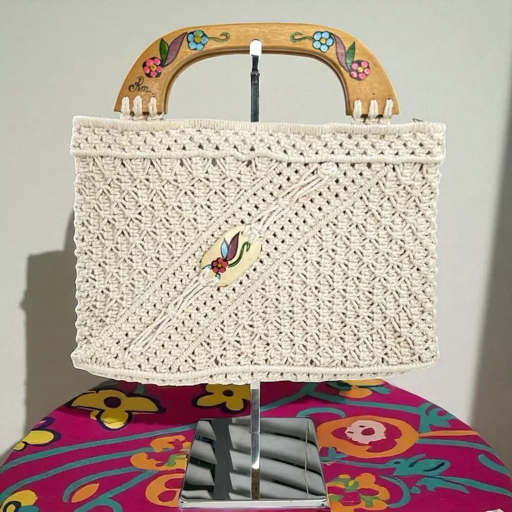Vintage 70s Macrame Handbag Cream Boho Purse Painted Wooden Handles Folk Art